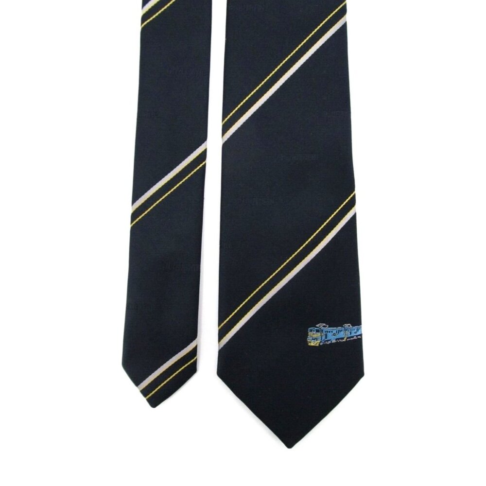 Vintage Cravateur Train Necktie Locomotive Bloutrein Blue Yellow Striped 56x3"